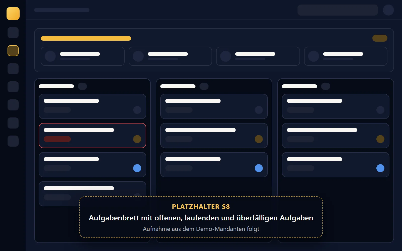 Aufgabenbrett mit offenen, laufenden und überfälligen Aufgaben